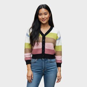Industry Sweater Womens Small Petite Black Cropped Balloon Sleeve Y2K Striped
